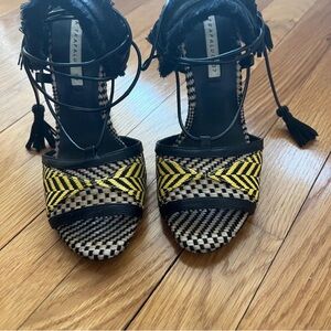 Zara Trafaluc Black and Yellow Tie Up Stiletto Heels with Tassels